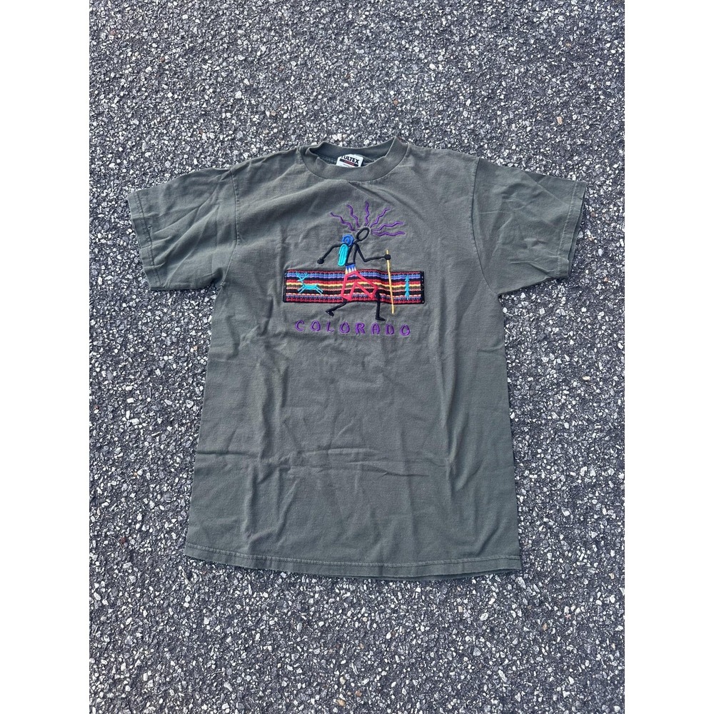 Vintage Tultex Shirt Mens Medium Green Colorado Hiker Embroidered Graphic Tee